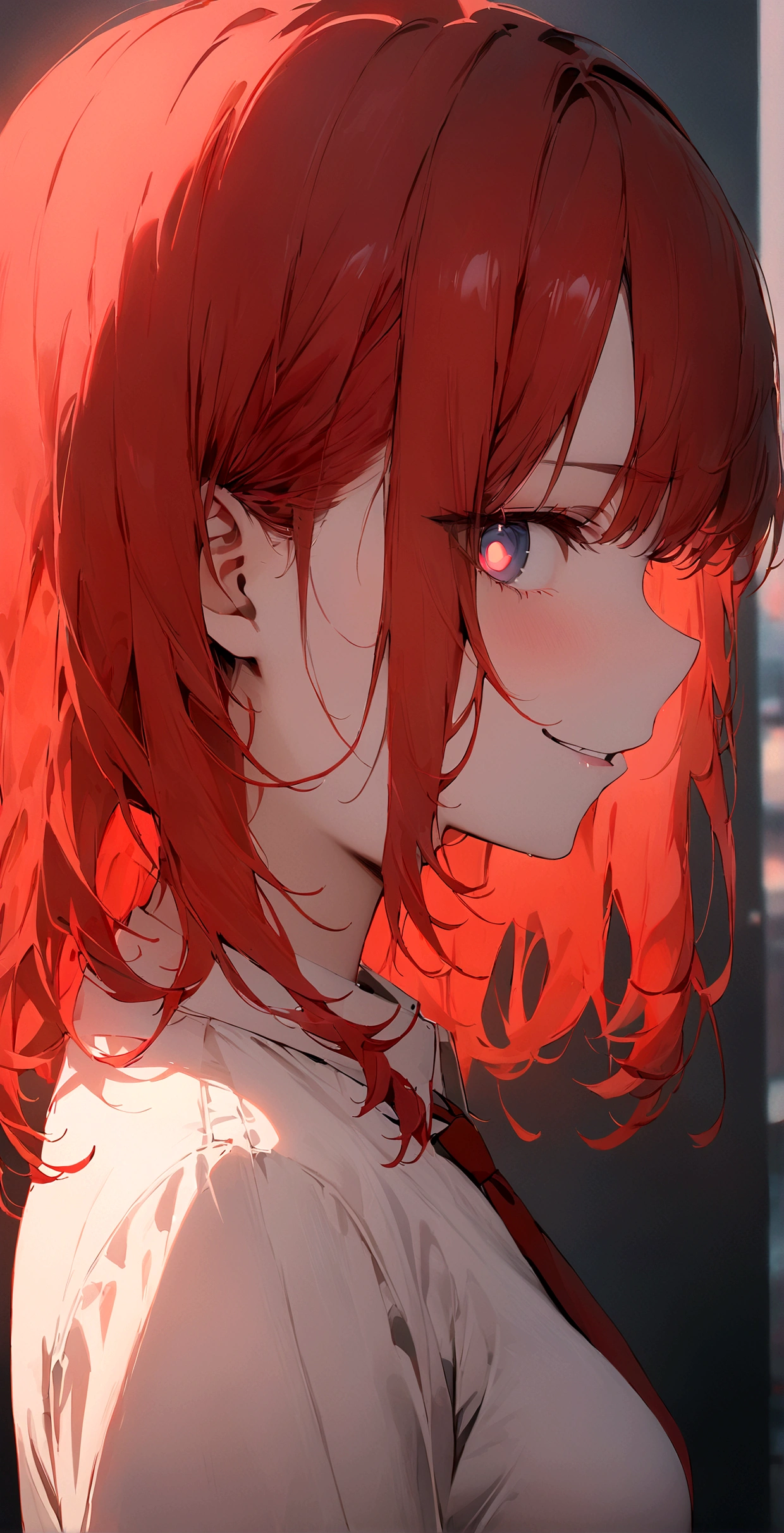 (Masterpiece:1.2, Best Quality), 1 woman, profile, looking towards the viewer, White shirt red tie, medium breasts, Casual, long red hair, minimal makeup, , pale,Natural fabrics, closeup face, evil smile, bright eyes circular pupils,8K high resolution, detailed lines,blurred background,