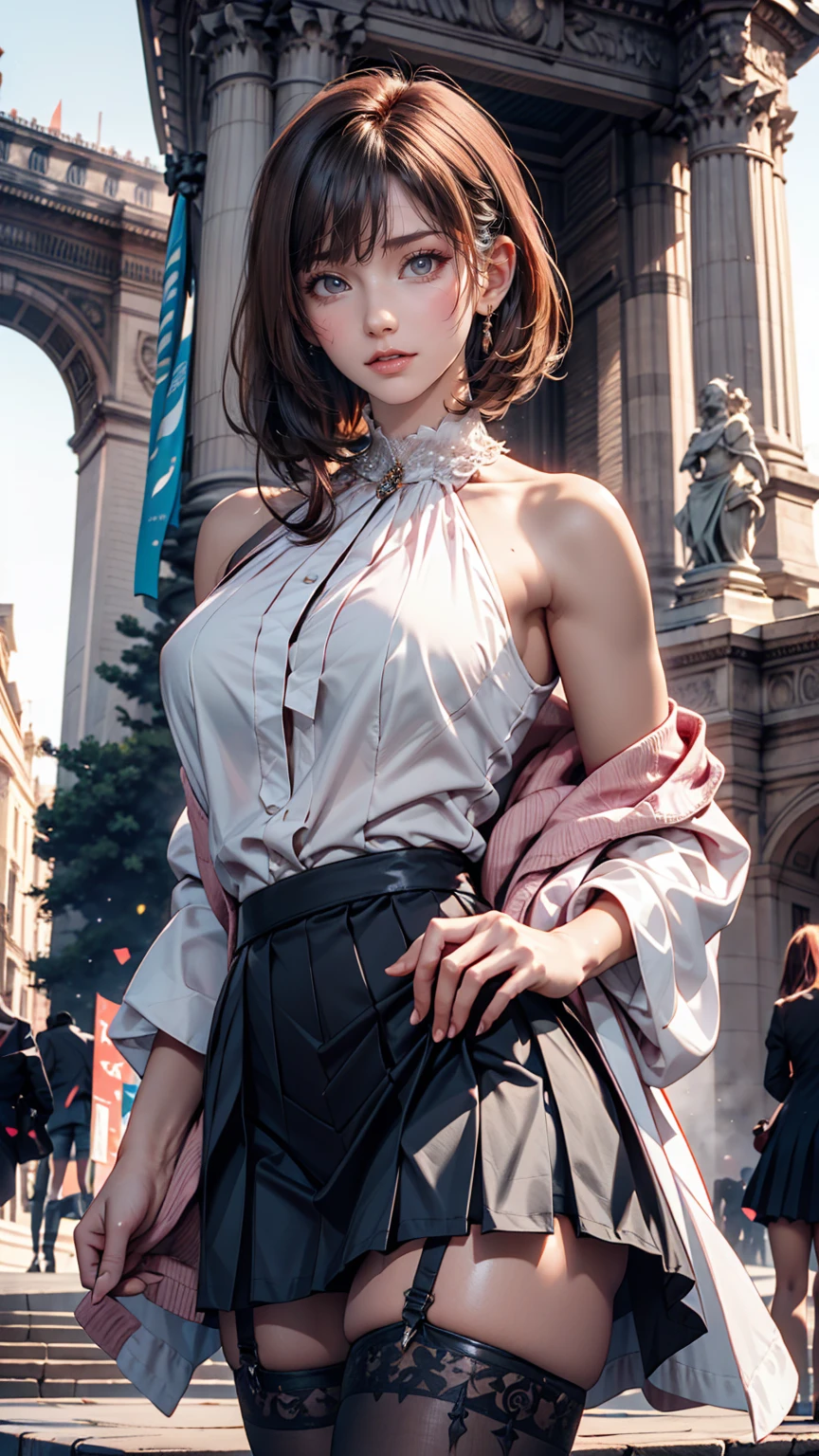 24-year-old female、Sexy proportions、Sexy、Pixie Cut、Pink inner color、High neck blouse with lace embellishment((Sheer))、Low-rise mini pleated skirt、Stiletto heels、Black Stockings、Arc de Triomphe square in France、With the Arc de Triomphe in the background、Cowboy Shot、Place hands on hips、Stand with your feet shoulder-width apart