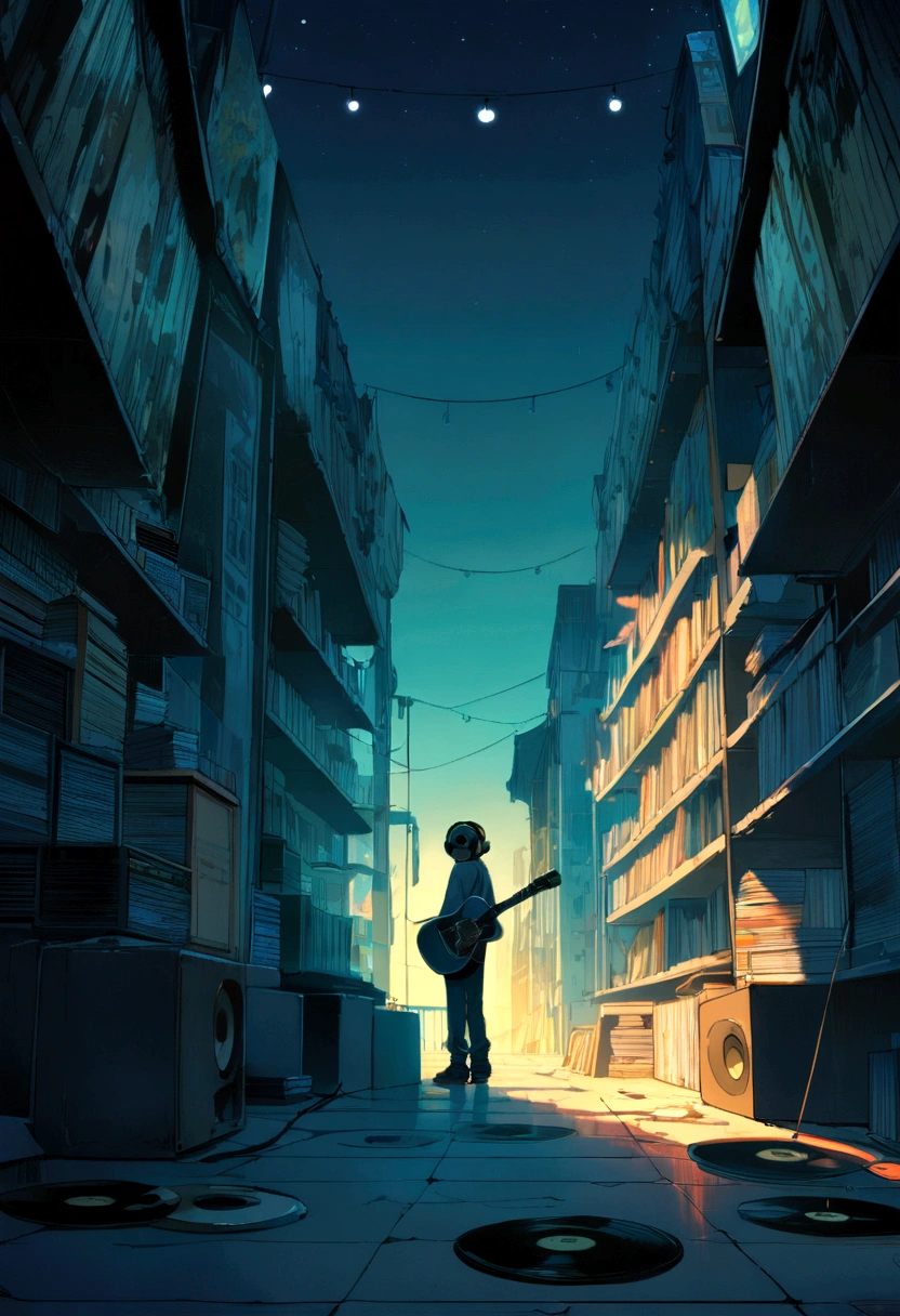 Boy wearing headphones and listening to music,  Super detailed, evening, Sad mood, Bright light coming through the window, Night Scenery, , 2D, (Shot from a distance), Wide Shot, (Noise from the film), Old cartoons, (Many records: 1.3), Vinyl record store, (masterpiece, Very high quality, Very high quality, Official Art, beautifully、aesthetic: 1.2), (Very detailed, (Fractal Art: 1.4 ), guitar, (Note: 1.4), (Lo-fi hip hop), Side view, Old Anime Texture, alone, speaker