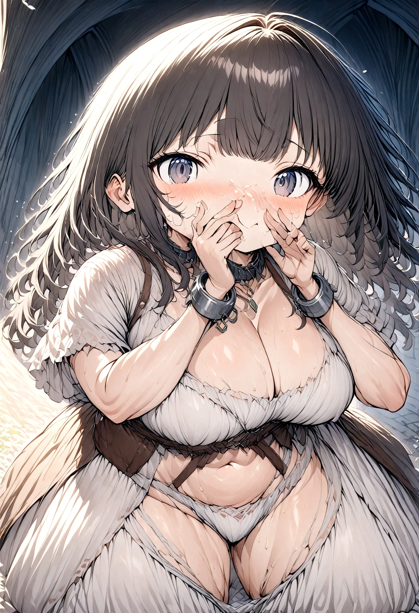 Anime. Girl. Cutie. Ssbbw. Slave. Dirty tunic. Torn tunic. Slave collar. Shackles. Barefoot. Cold. Runny nose. Nasal mucus. Snot flows from the nose. Sneeze. Sneezing. Strong, desperate desire to sneeze. She sneezed. Snot flowed from the nose when sneezing. Handkerchief. Cover your nose with your hand. Blows his nose. Urinary incontinence. Urination. Urine. Strong urge to pee. She pees on the floor. She peed herself. Diarrhea. Defecation. Poop. Strong desire to poop. She pooped in her panties. She shit herself. Standing. Stands at full height. Slave market. Sneezing fetish. Omorashi. Scat. Full height. Whole body. A high resolution. Ultra resolution.