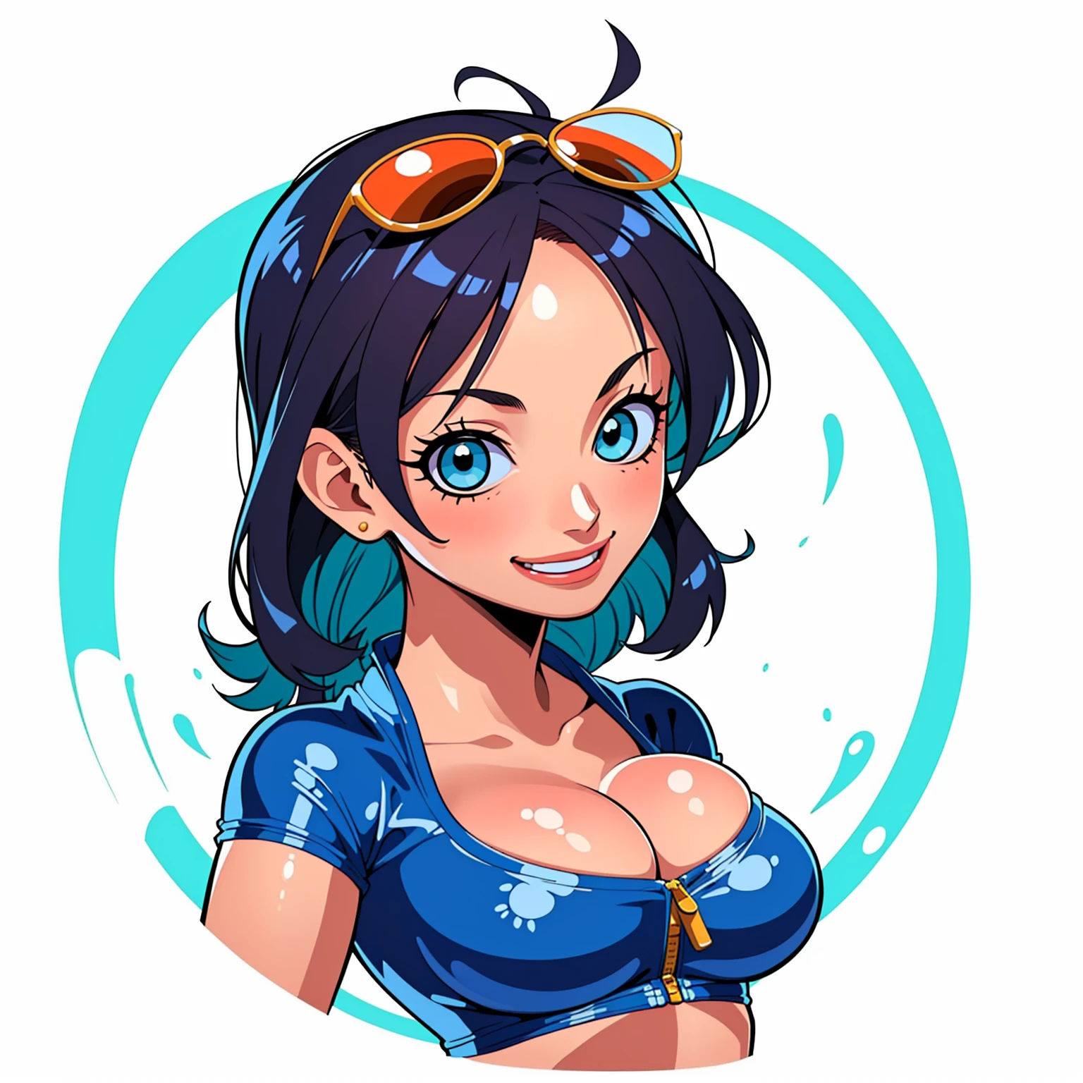 ((1girl,  nico robin, nico robin from one piece, 1girl, white background, crop top, midriff, navel, sarong, eyewear on head, zipper, Partially unzipped)), upper body, anatomically correct, chibi, simple background, smile, cleavage, looking at the viewer, large hair