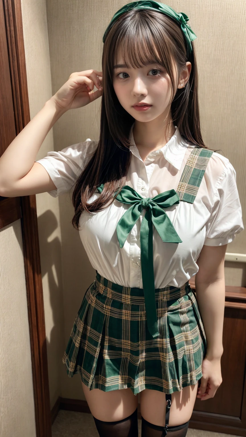 masterpiece, best quality, illustration, Super detailed, fine details, High resolution, 8K,wall paper, perfect dynamic composition,(Details High quality, realistic depiction of eyes:1.3), straight hair, ,white shirt), green plaid short skirt, green ribbon, black hair color, Big Natural Color Lip, hotel room, crying a little、 Harajuku style、20 year old girl、cute type、ta, Gravure Idol, full body photo、focus on crotch, huge breasts