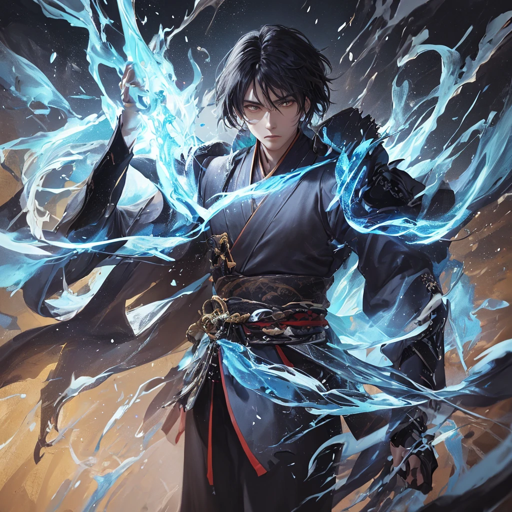 clearing, here is the description focused only on the character Gabriel:

Gabriel is standing, displaying a majestic and powerful presence. He wears an elegant black kimono, decorated with subtle details that combine samurai and ancient Chinese elements. His katana is a blade of vibrant blue energy, emitting a pulsating electric glow around you. Gabriel&#39;s wings are made of pure energy, similar to luminous feathers that radiate a soft, heavenly light. In your firm and determined stance, Gabriel personifies the combination of elegance and strength, standing out as a celestial being in his own right.
