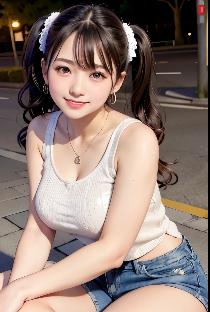 (Highest quality,masterpiece:1.3,Ultra-high resolution),(Very detailedな、Caustics) (Photorealistic:1.4, RAW shooting、)Ultra-Realistic Capture、Very detailed、Natural skin texture、masterpiece、(Sequin tank top and short denim pants:1.3)、1 Japanese girl、Adorable expression、Expressions of Happiness、、Young Face、Ssingly cute、Twin tails、Curly Hair、Black Hair、Scrunchie、Earrings、necklace、light makeup、A big bust that seems to burst、This photo was taken on a busy street at night..、Shining thighs、Sit on a bench on the sidewalk、Shooting from the side、smile、An inviting gaze、