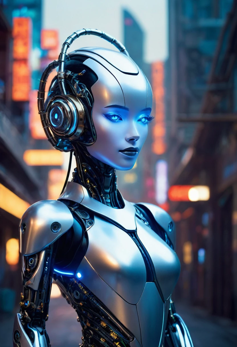 A Sexy female AI humanoid robot stands in a dimly lit, futuristic setting. Her face is a captivating blend of human-like features and metallic components. Her skin appears lifelike, with a subtle glow, but upon closer inspection, it reveals intricate circuits and wires beneath the surface.

Her eyes are piercing and intelligent, with a hint of curiosity and self-awareness. A metallic headpiece adorns her head, partially obscuring her face and giving her an otherworldly appearance.

The robot's body is a seamless integration of organic and inorganic elements. Her torso is covered in a sleek, metallic exoskeleton, with visible joints and hinges that allow for fluid movement. Wires and circuits snake across her abdomen, pulsing with a faint blue light.

Her arms and legs are a mix of human-like limbs and robotic parts. Metallic fingers end in sharp, pointed tips, while her legs are a combination of synthetic muscles and hydraulic joints.

The background is a futuristic cityscape, with towering skyscrapers and a hazy, neon-lit sky. The robot stands in the foreground, her gaze fixed on the viewer, as if contemplating her own existence and the blurred line between humanity and technology.

The image captures the essence of a being caught between two worlds, a creation that challenges the boundaries of what it means to be human and what it means to be machine.
