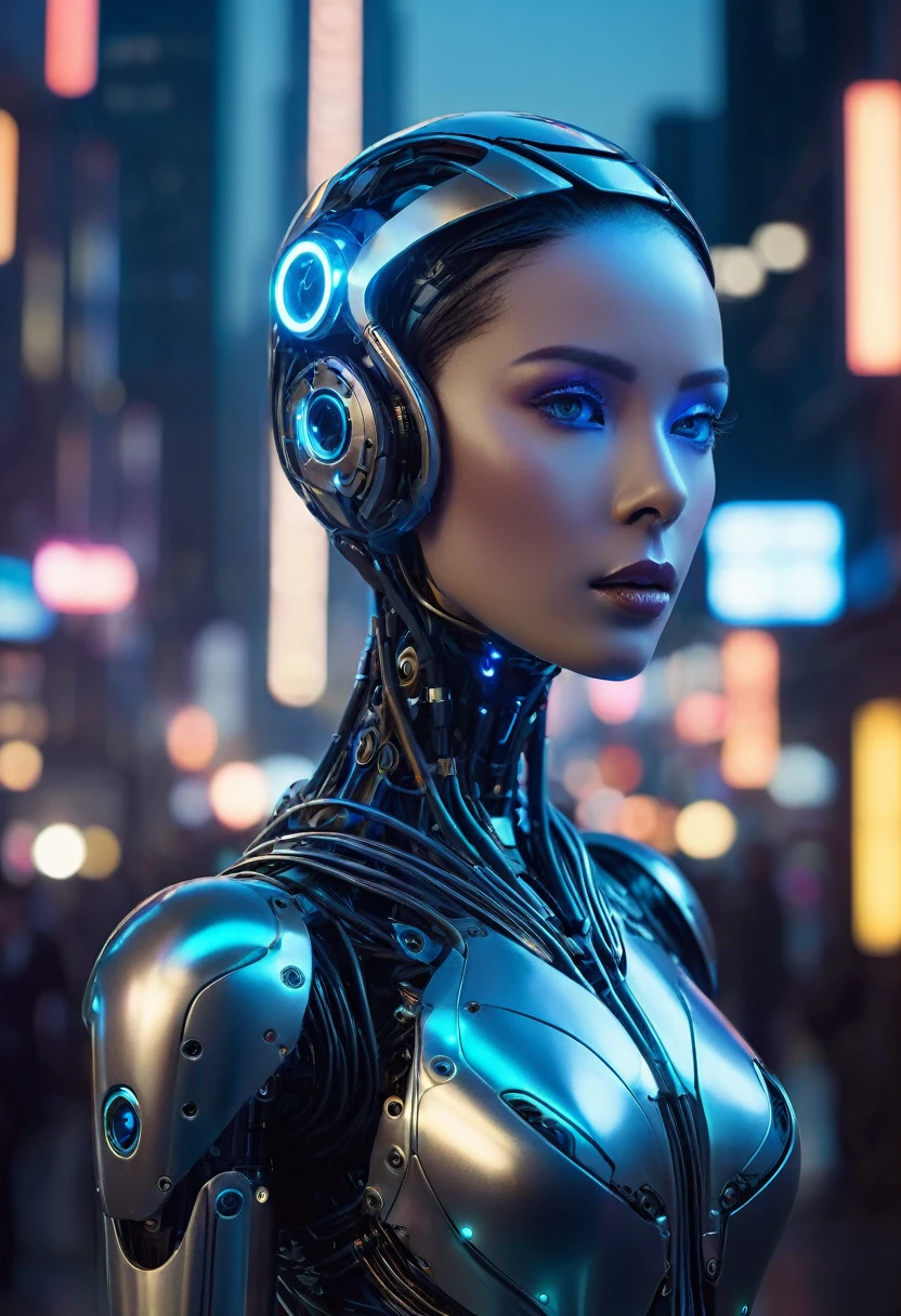 A y female AI humanoid robot stands in a dimly lit, futuristic setting. Her face is a captivating blend of human-like features and metallic components. Her skin appears lifelike, with a subtle glow, but upon closer inspection, it reveals intricate circuits and wires beneath the surface.
Her eyes are piercing and intelligent, with a hint of curiosity and self-awareness. A metallic headpiece adorns her head, partially obscuring her face and giving her an otherworldly appearance.
The robot's body is a seamless integration of organic and inorganic elements. Her torso is covered in a sleek, metallic exoskeleton, with visible joints and hinges that allow for fluid movement. Wires and circuits snake across her abdomen, pulsing with a faint blue light.
Her arms and legs are a mix of human-like limbs and robotic parts. Metallic fingers end in sharp, pointed tips, while her legs are a combination of synthetic muscles and hydraulic joints.
The background is a futuristic cityscape, with towering skyscrapers and a hazy, neon-lit sky. The robot stands in the foreground, her gaze fixed on the viewer, as if contemplating her own existence and the blurred line between humanity and technology.
The image captures the essence of a being caught between two worlds, a creation that challenges the boundaries of what it means to be human and what it means to be machine.