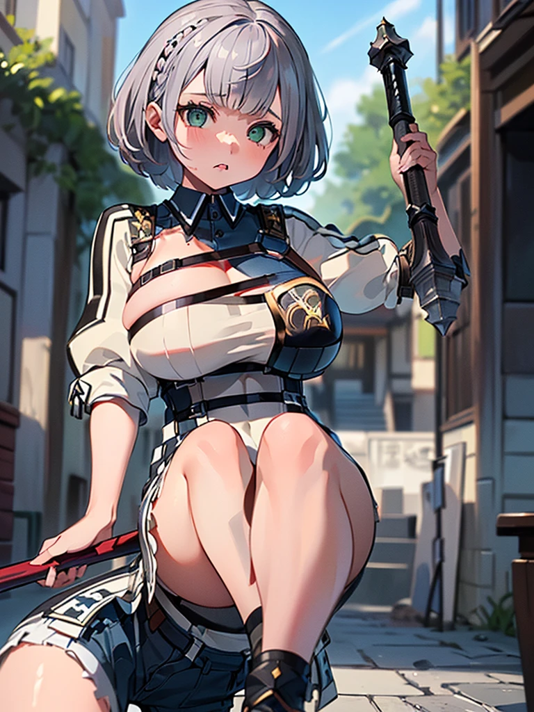 ((masterpiece, Highest quality, High resolution)),8K,One girl,((super fine illustration)),((beautiful detailed eyes,highly detailed skin)),((well endowed,Blessed,Captivating body、Detailed Background)), (holding mace,Combat posture、Ready your weapon、Dynamic composition、Silver braided short bob、Girl with a weapon:1.2)、(Pouting mouth, blush, embarrassed:1.2),