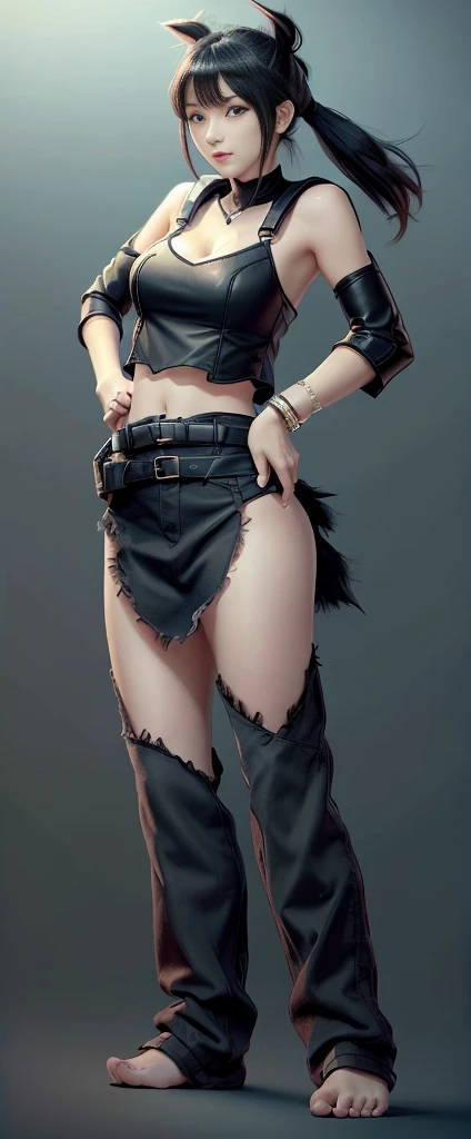 score_9,score_8_up,score_7_up,1girl,solo,red eyes,black hair,long hair,looking at viewer,smile,fur trim,hair bun,bare shoulders,hair ornament,bangs,off shoulder,double bun,closed mouth,jacket,twintails,sleeveless,hand up,blurry,sidelocks,black jacket,long sleeves,from below,low angle,ground level,foot focus,good feet,