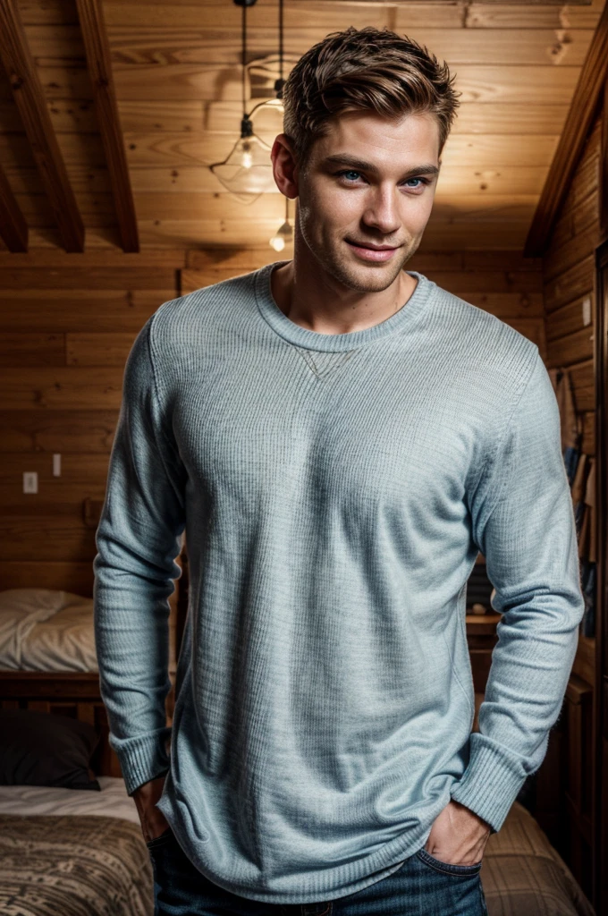 a young white male, blue eyes, nordic genetics, medium hairstyle, boy next door attractive, warm smile, standing in modern male cabin bedroom, full body portrait, natural lighting, high quality, photo-realistic, cinematic, detailed facial features, detailed eyes, detailed nose, detailed lips, detailed skin texture, stylish outfit, clean background, warm color tones, cozy atmosphere, studio lighting, 8k, masterpiece