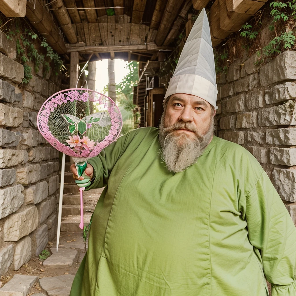 a little dwarf dressed in green, with a long white beard and stubble. a white pointed hat, he holds a pink butterfly catcher in his hand and uses it as a weapon. is in the world of minecraft and is walking through the forest