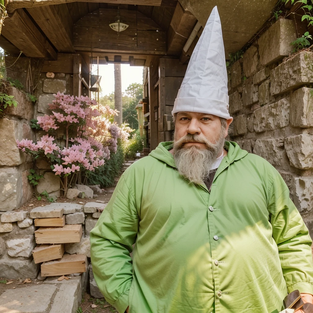 a dwarf dressed in green, with a long white beard and stubble. a white pointed hat, he holds a pink butterfly catcher in his hand and uses it as a weapon. is in the world of minecraft and is walking through the forest