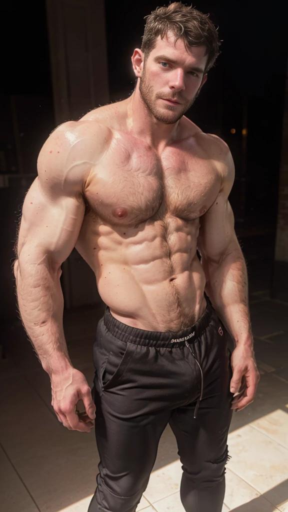 Masterpiece, denoise, void noise, one man, best quality, 8k resolution, male focus, focus only, amazing composition, volumetric lighting, super quality, elegant, Very detailed, front view, -----------, 35 years old, mature face, muscular, (((Caucasian white man, white skin:1.5, pale skin))), handsome, (detailed light-blue eyes), ((dark brown hair)), big ears, (hairy:1.7), (scruffy beard:1.5), (((((Jim Sturgess mixed with Russell Tovey))))), ((big pink nipples)), ------------, ((((black pants)))), (((mesh tank top))), (((hands on chest))),