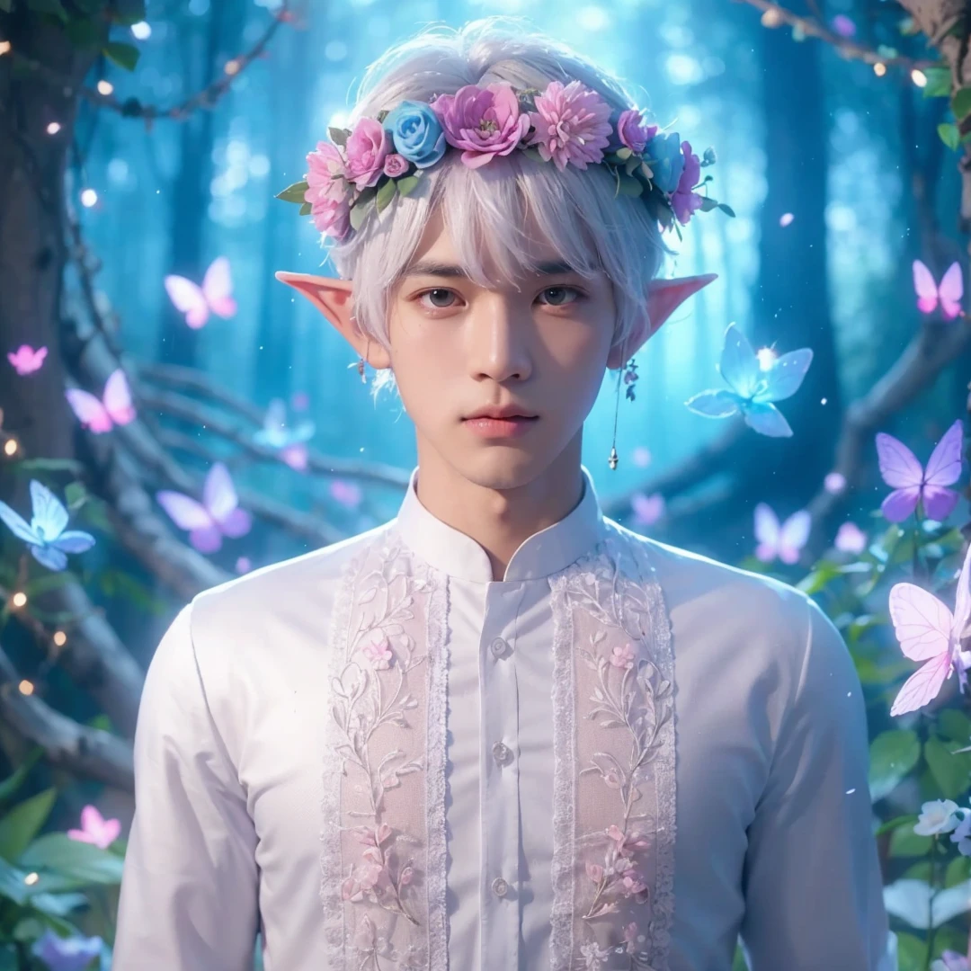 Handsome boy, white hair, white eyes, wearing pink and light blue flower crown, wearing white barong tagalog, elf ear, "surrounded by light blue, pink, and purple light, magic forest background