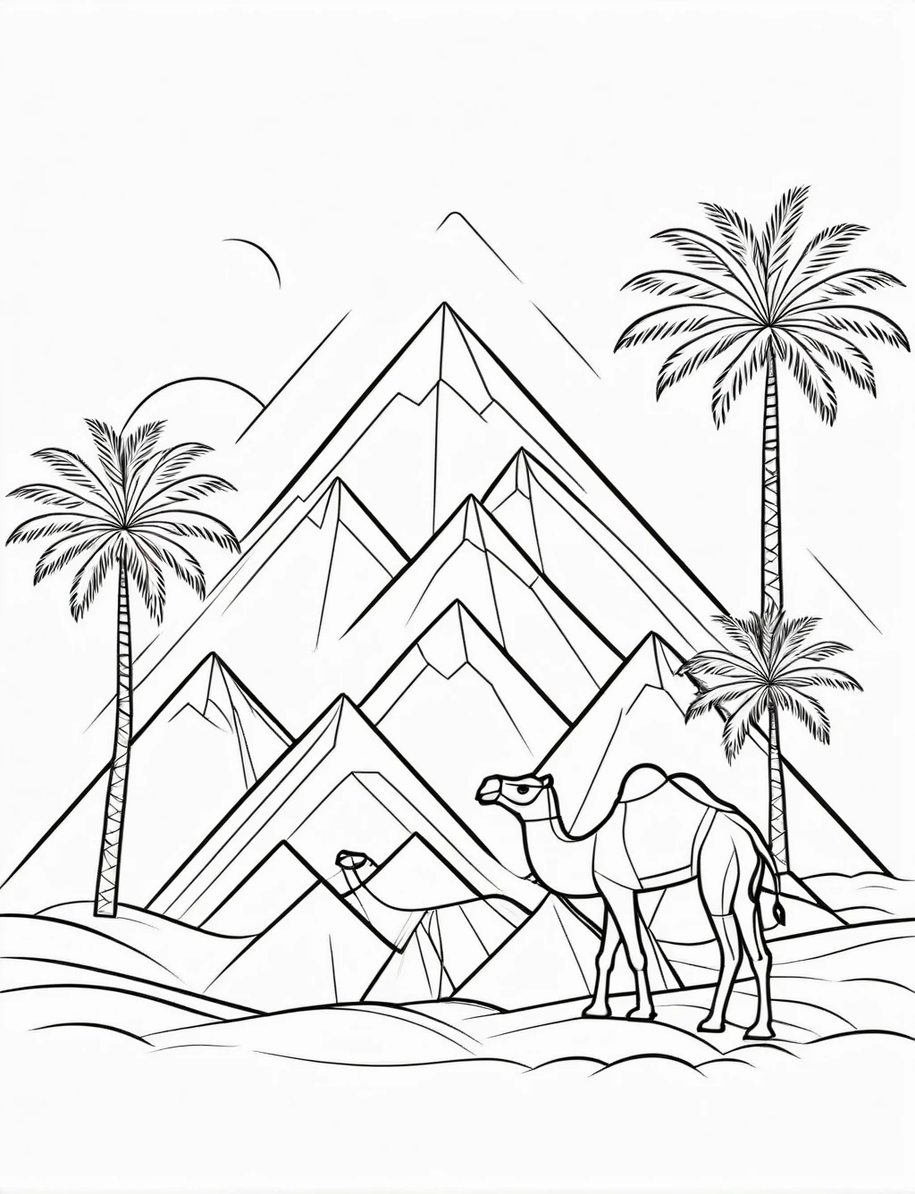 ((Three pyramids in the desert with a camel and a couple of palm trees nearby)), (black and white), (masterpiece), (coloring page), line art drawing, graphic, (simple line art), vector graphics, Clear and Distinct Lines, Varied Line Weights, Smooth curves, Bold outlines, Crisp shapes