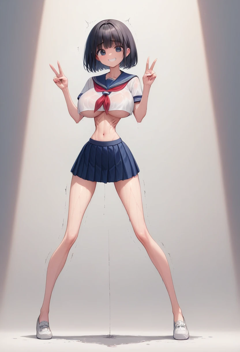 (masterpiece, best quality:1.2), front shot, beautiful 1girl, (super big breasts, micro waist:1.3), (very long legs:1.4), Black hair, short bob hair, short height, scrawny and thin body, (Very thin abdomen:1.3), Light Skin, cute big eyes, cute beautiful thin face, forced smile, Modest, serafuku, mini skirt, pigeon-toed, (Arched back), wet and sweaty, (visible ribs), Long and thin navel, V sign, Trembling