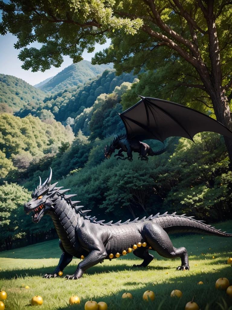 A black dragon on a green hill surrounded by trees with golden fruits
