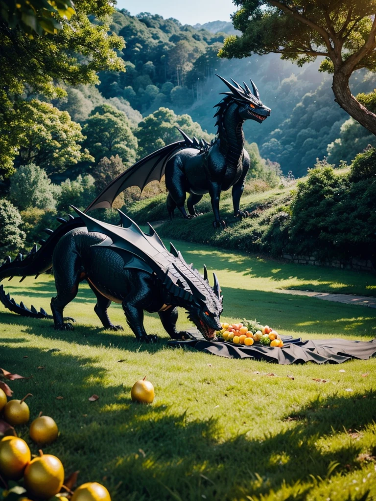 A black dragon on a green hill surrounded by trees with golden fruits