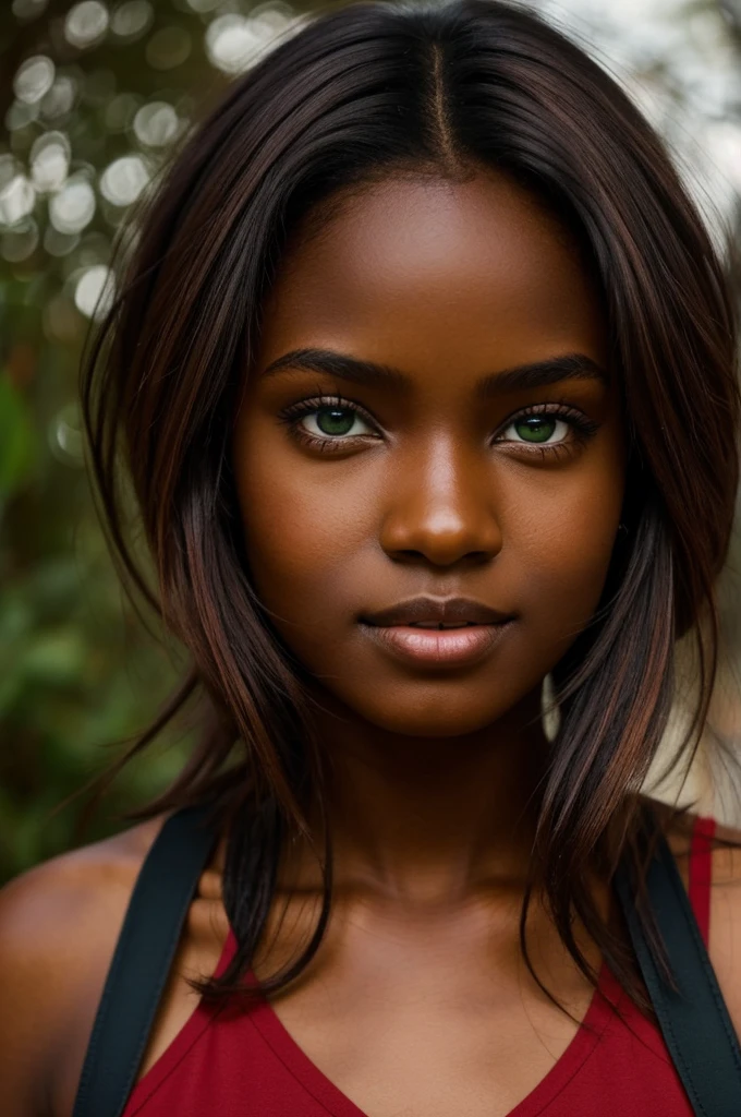 Dark-skinned girl, dark brown hair with red highlights, green eyes
