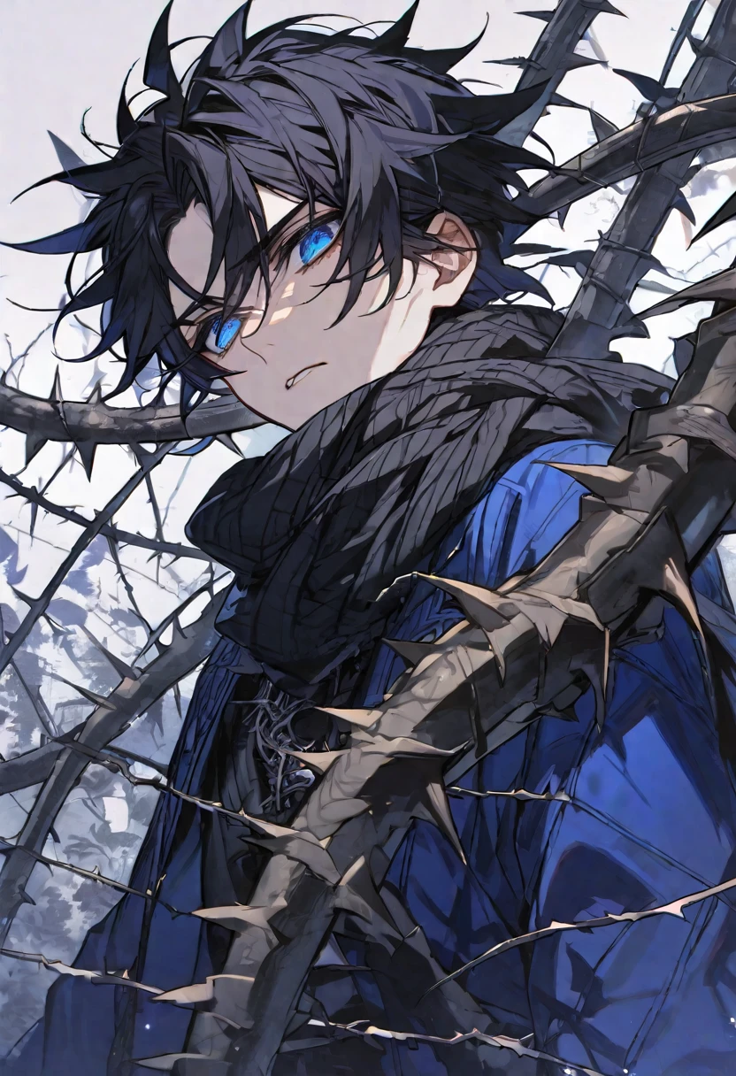 Solo, male, black hair, blue eyes, blue coat, black scarf, black roses, thorns