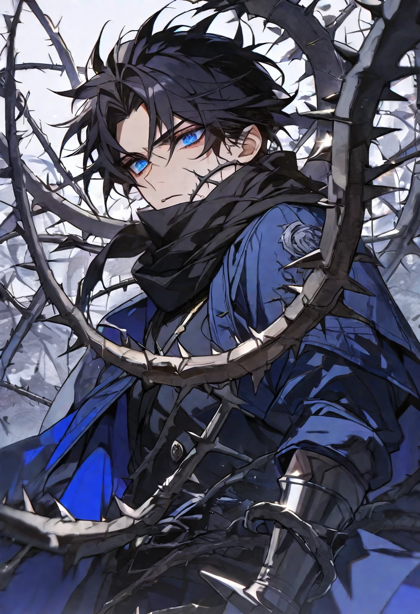 Solo, male, black hair, blue eyes, blue coat, black scarf, black roses, thorns