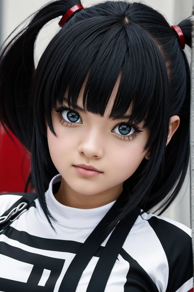 A girl with the style of My Hero Academia with the appearance of a demon with black hair
