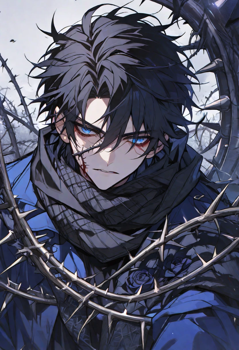 Solo, male, black hair, blue eyes, blue coat, black scarf, black roses, thorns, blood
