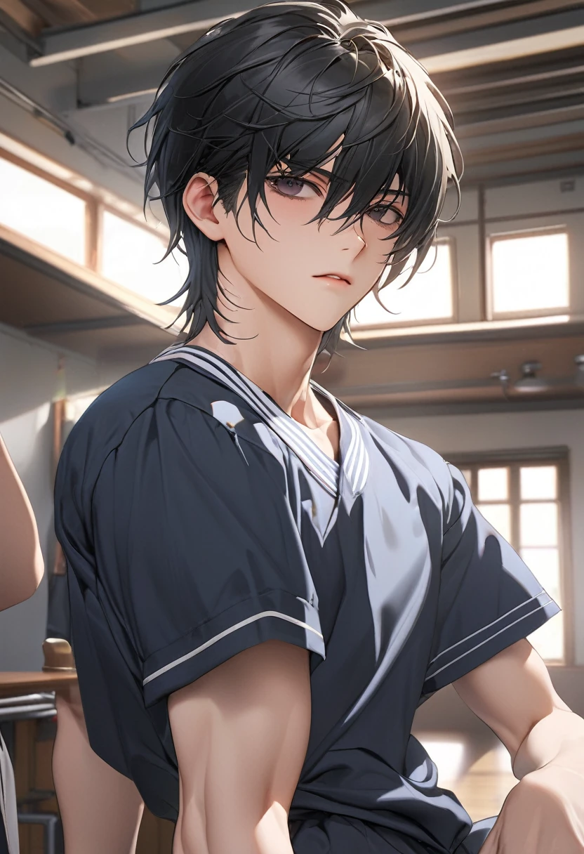 A highschool boy, handsome, perfect body, black hair, short hair, mullet, black eyes, upturned eyes, expressionless, black highschool uniform, anime, first-person view, masterpiece, anatomically correct, high details, highres, best quality, super detail, 1080P