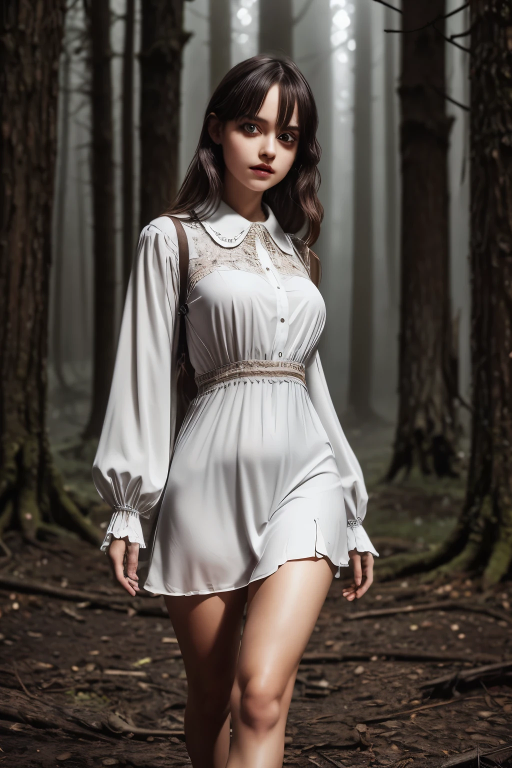 (Super detailed,ultra high resolution,detailed background)),ancient city,dark forest at night,spooky,Chill,Inspiration,1 girl,wearing a minidress、Wearing a white collared long-sleeved blouse、