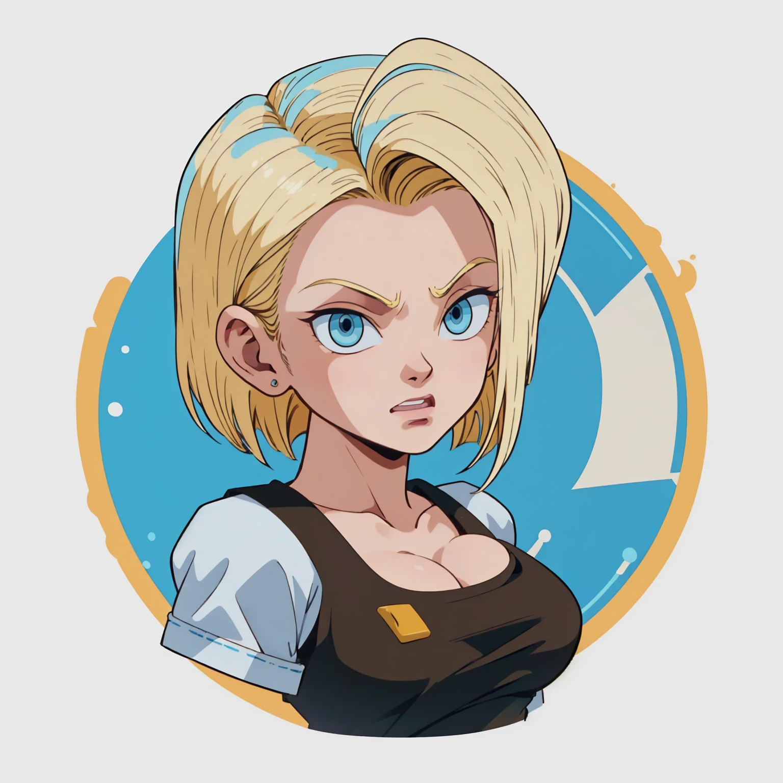 ((1girl,  android 18 , blonde hair, short hair, blue eyes, 1girl, white background, blonde hair, white shirt, angry face)), upper body, anatomically correct, short hair, chibi, simple background, cleavage, looking at the viewer, 