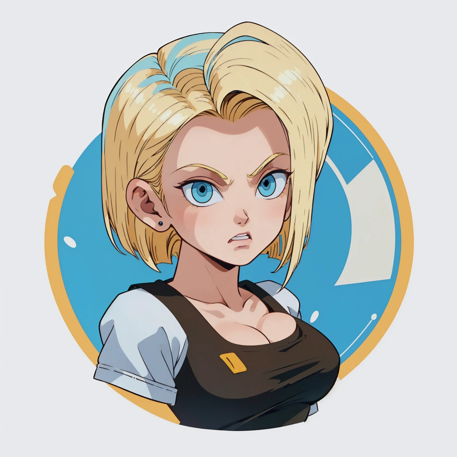 ((1girl,  android 18 , blonde hair, short hair, blue eyes, 1girl, white background, blonde hair, white shirt, angry face)), upper body, anatomically correct, short hair, chibi, simple background, cleavage, looking at the viewer, 