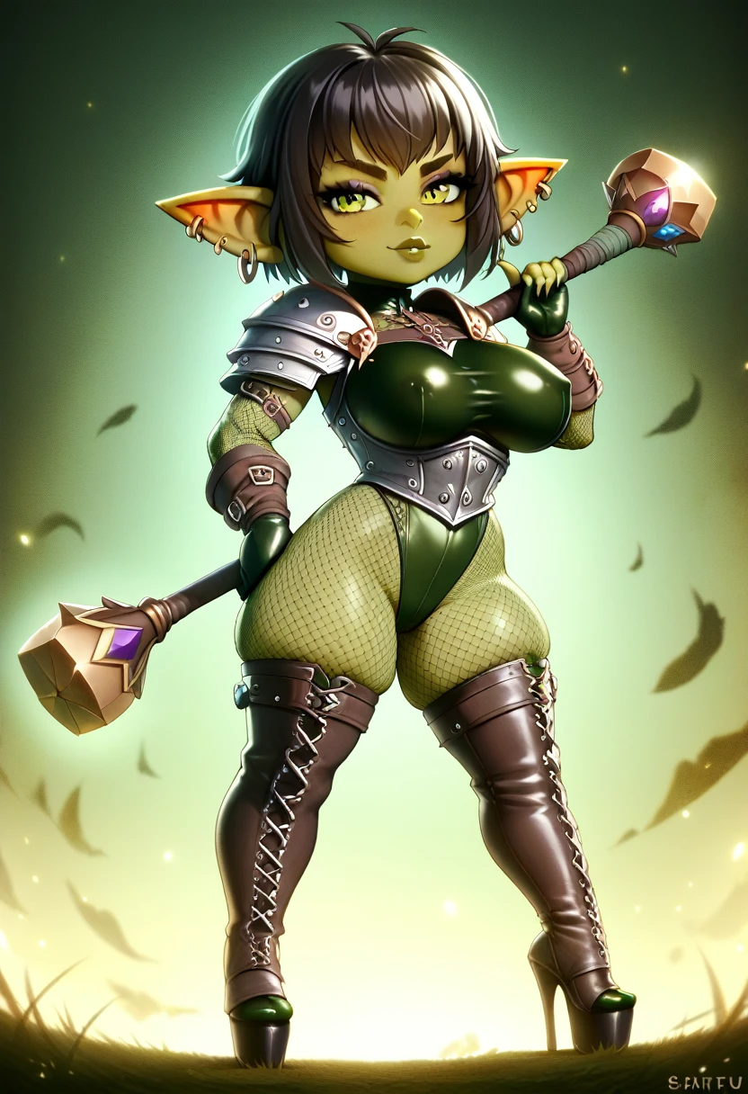 Girl, goblin girl, goblin, green skin, short, short stature,short hair, black hair, large breasts, miniskirt, latex, long gloves, thigh boots, goth, pouty lips, masterpiece, best quality, sexy, dynamic pose, 8k, shortstack, sfw, shiny, fantasy, dungeons and dragons, high heels, fishnets, holding, dark green skin, adventurer, barbarian, large hammer, armor, sexy armor, skintight armor, dark colors,