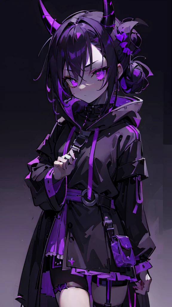 boy. thoughtful look. open forehead. black and purple hair tied in a bun on the left side to one side. sinuous black horns wrapped in dark purple ribbon. pale violet eyes. in short dark purple shorts. long white T-shirt. dark purple knee-high socks. dark purple long cloak with hood
