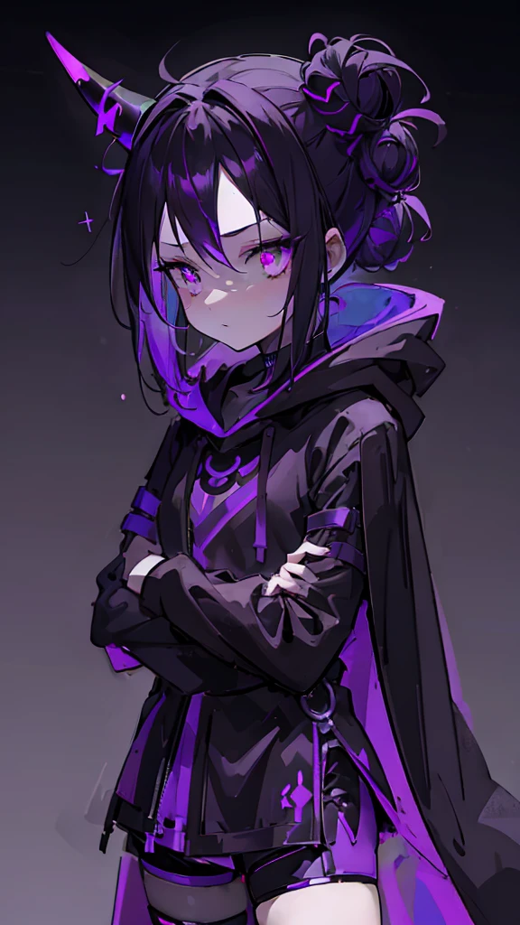 boy. thoughtful look. open forehead. black and purple hair tied in a bun on the left side to one side. sinuous black horns wrapped in dark purple ribbon. pale violet eyes. in short dark purple shorts. long white T-shirt. dark purple knee-high socks. dark purple long cloak with hood