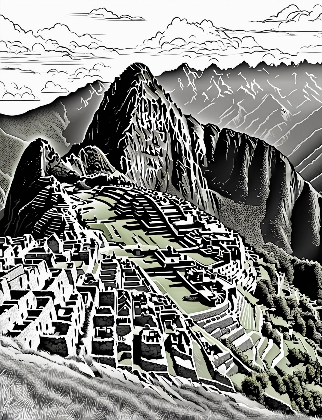 ((The ancient ruins of Machu Picchu set against a backdrop of the Andes Mountains)), (black and white), (masterpiece), (coloring page), line art drawing, graphic, (simple line art), vector graphics, Clear and Distinct Lines, Varied Line Weights, Smooth curves, Bold outlines, Crisp shapes