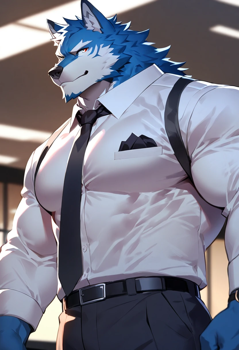 fenrir, wolf, 1boys, male, solo, dark blue fur, muscular, big tits, pecs, cool face, body scars, middle aged, office attire, black tie, standing, front angle, office background