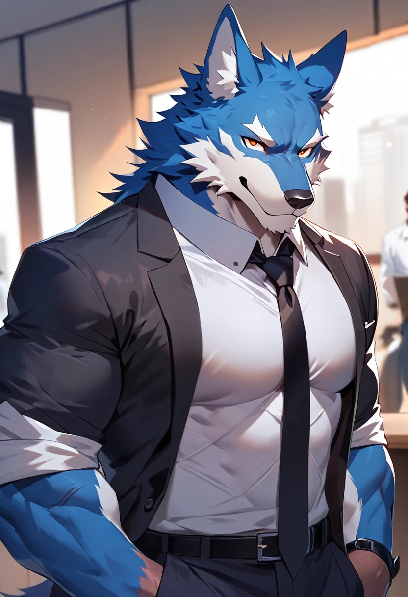 fenrir, wolf, 1boys, male, solo, dark blue fur, muscular, big tits, pecs, cool face, body scars, middle aged, office attire, black tie, standing, front angle, office background