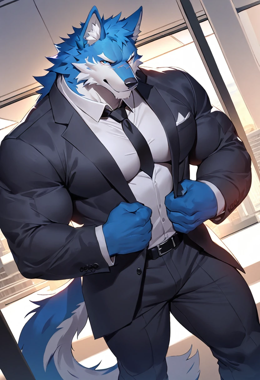 fenrir, wolf, 1boys, male, solo, dark blue fur, muscular, big tits, pecs, cool face, body scars, middle aged, office attire, black tie, standing, front angle, office background