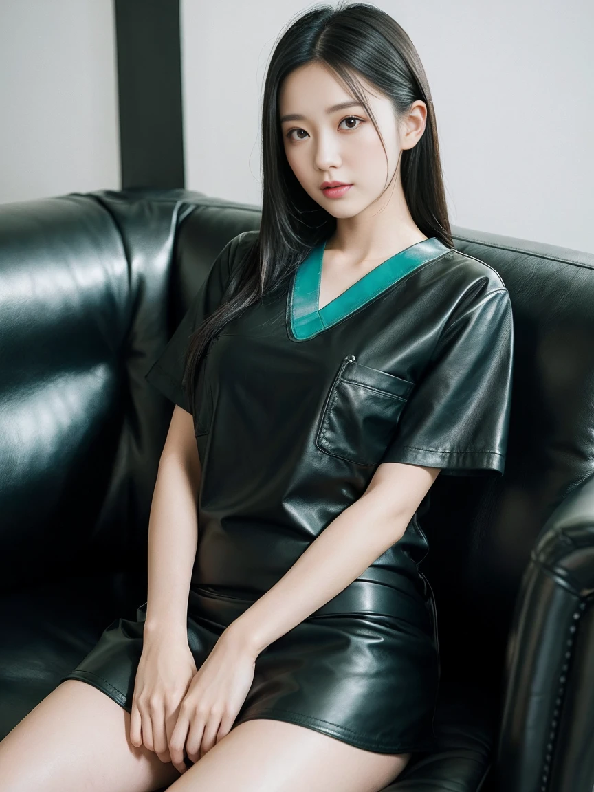 Young woman wearing scrubs sits on a black leather sofa.,Medium-sized breasts,long black hair,sexly,ScrubsGreen,realistically,realistic