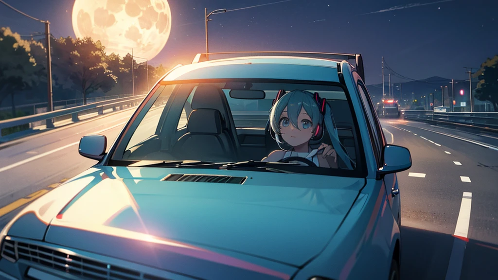 Hatsune Miku under the moonlight、A scene of driving on a quiet road