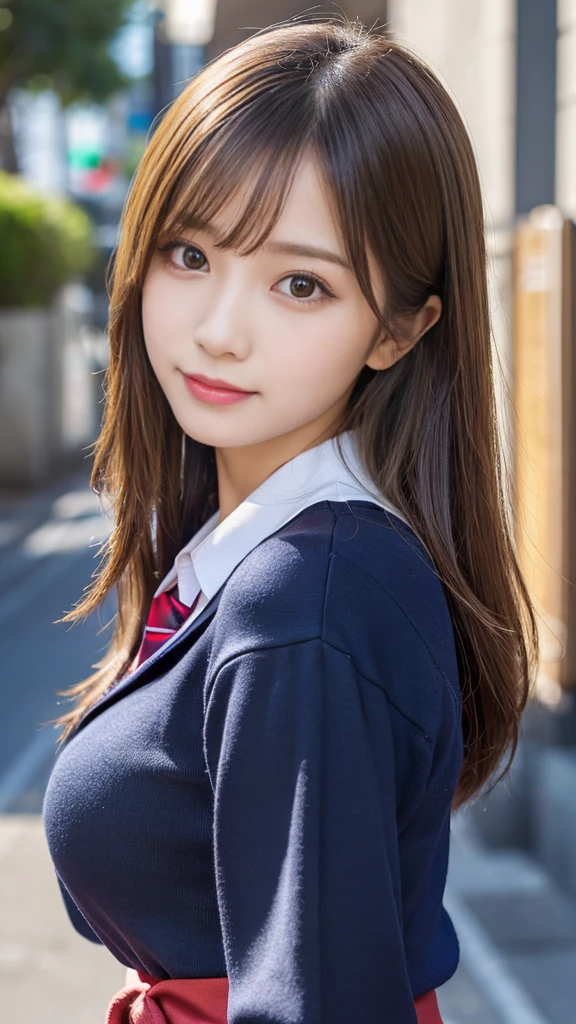 (Detailed skin:1.2),(Shiny skin:1.1),8K,Highest quality, masterpiece, Ultra-high resolution,(Realistic:1.4), RAW Photos,(Soft saturation:1.3),(Fair skin:1.2),Japanese Idols,repair,20 years, Light brown hair, (Shoresurf:1.2)、(Long Hairstyles:1.2), Asymmetrical Hair, Asymmetrical bangs (Pretty face:1.4), (Large Breasts, Tight waist), Beautiful lighting, Small Head, (school uniform:1.2,),Highly detailed face, Highly detailed lips, fine grain, double eyelid,(Full Body Shot), Browsing Caution, (Sharp focus: 1.2), (Perfect Anatomy、Beautiful woman with perfect figure: 1.2)、Random sexy poses,Accentuate the lines of your legs、smile