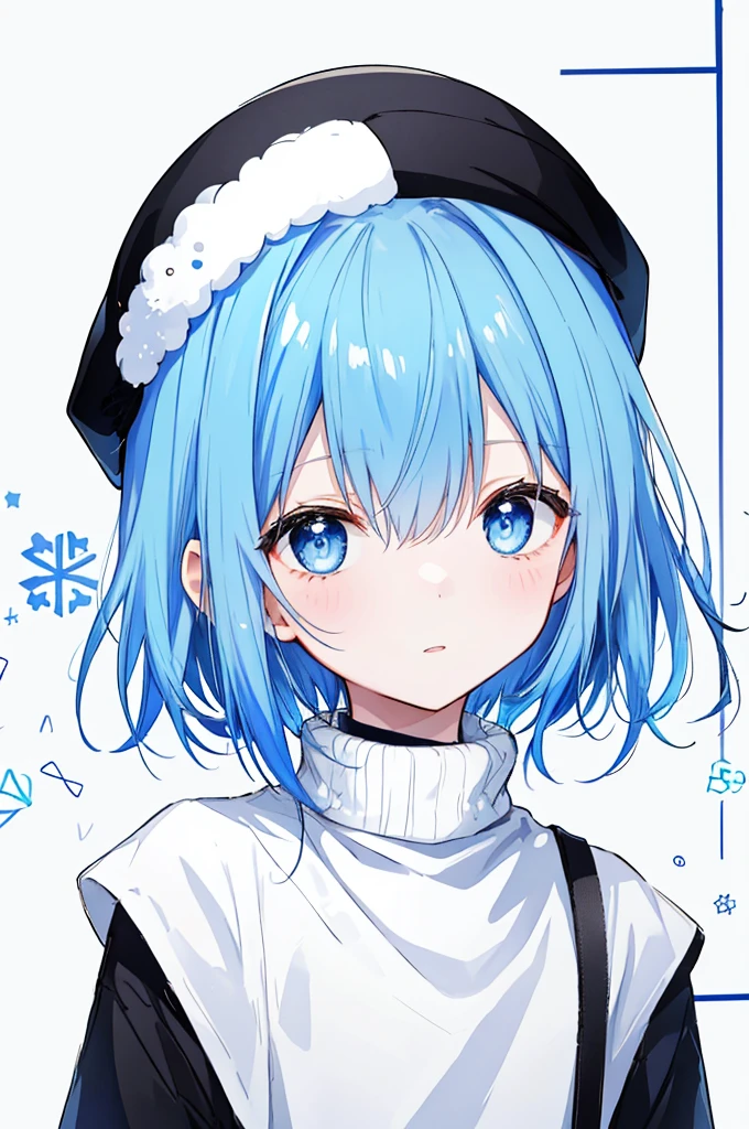 Blue short hair girl。He is wearing black winter clothes and a white knitted hat。