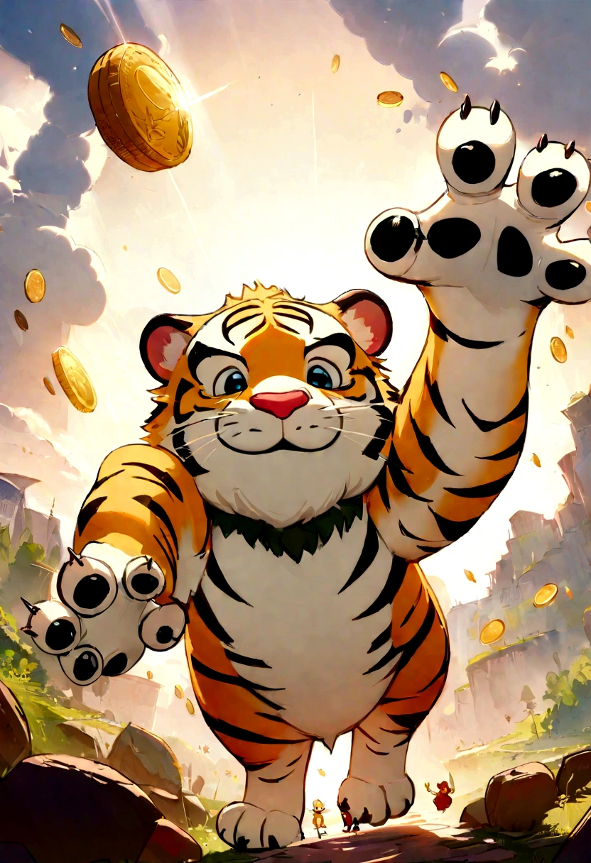 (work of art), (best qualityer), (ultra detali), (lesbian full body:1.2), super fluffy, da Pixar, Baby tiger, big shiny eyes, cuddly, ssmile, Delicate and fine, fairy tales, Incredible high details, Pixar-style, bright color palette, naturallight, octane rendering, trends on artstationh, marvelous, Ultra Wide Angle, 8K, High definition, realisitic, white background the little tiger has to be smiling happily with gold coins in his hand throwing them in the air