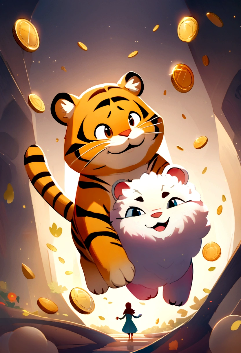 (work of art), (best qualityer), (ultra detali), (lesbian full body:1.2), super fluffy, da Pixar, Baby tiger, big shiny eyes, cuddly, ssmile, Delicate and fine, fairy tales, Incredible high details, Pixar-style, bright color palette, naturallight, octane rendering, trends on artstationh, marvelous, Ultra Wide Angle, 8K, High definition, realisitic, white background the little tiger has to be smiling happily with gold coins in his hand throwing them in the air