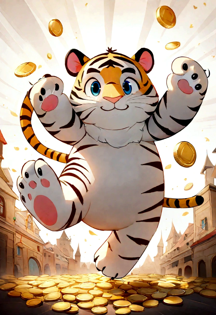 (work of art), (best qualityer), (ultra detali), (lesbian full body:1.2), super fluffy, da Pixar, Baby tiger, big shiny eyes, cuddly, ssmile, Delicate and fine, fairy tales, Incredible high details, Pixar-style, bright color palette, naturallight, octane rendering, trends on artstationh, marvelous, Ultra Wide Angle, 8K, High definition, realisitic, white background the little tiger has to be smiling happily with gold coins in his hand throwing them in the air