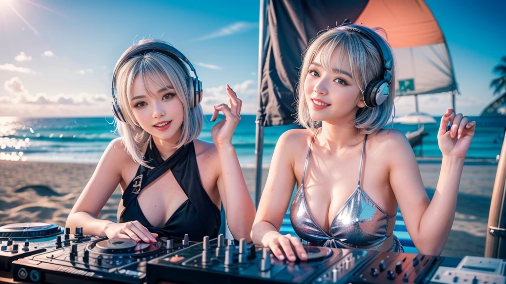 (ultra - detailed, 16K resolution, Cinema lenses, rendering by octane), (high resolution:1.18), intricate detail, (masterpiece:1.1), (highest quality:1.1), (1girl, portrait, white hair, blue eyes, short hair, detailed eyes),Wearing silver DJ headphones, Shiny silver sequined T-shirt, (in the beach:1.5), (Iconic hip-hop pop costumes:1.3), Smile while DJing on stage, DJ studio next to the beach, ((A stylish DJ stage on a hill overlooking the beach)), full body shot, Photorealistic photography by Sunshine, (cute round face:1.3), perfect fingers, five fingers, beautiful hands, perfect hands. master peace, cute smile.