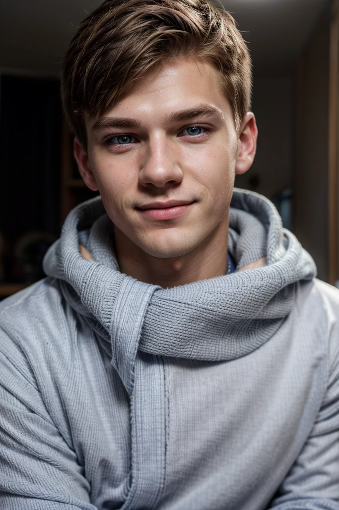 18 year old white male, blue eyes, medium hairstyle, boy next door attractive, warm smile, full body portrait, natural lighting, high quality, photo-realistic, cinematic, detailed facial features, detailed eyes, detailed nose, detailed lips, detailed skin texture, stylish outfit, clean background, warm color tones, cozy atmosphere, studio lighting, 8k, masterpiece