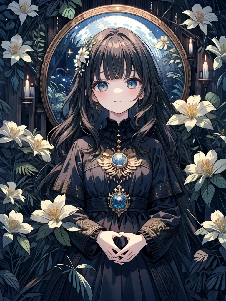 (masterpiece),(top-quality),(ultra-detailed),(high resolution),(in 8K animation),(beautifull detailed face),(beatiful detailed eyes),(anatomically correct),(Keep your head small),1girl,black hair,wavy hair,(round big eyes),blunt bangs,[violet eyes:(gold eyes):0.55],gently smile,white dress,(flowers),(forest),(starry night),Night scene