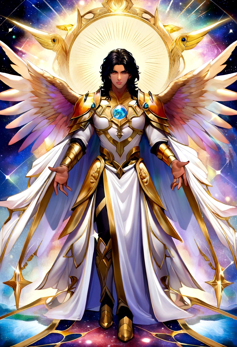 A male character, the archangel Michael, celestial image, intricate details, realisitic, PINK and big wings, angelic background, Imagem ilustrativa católica dthe archangel Michael, Male character of the Bible, Michael is wearing his angelic armor, cosmic background, Lighting on the Archangel and in the background, image of the angel's full body, Maximum detail and her angelic face and wings, pele perfeita realisitic, Maximum image quality, Miguel is highlighted in the image with strong and eye-catching colors.