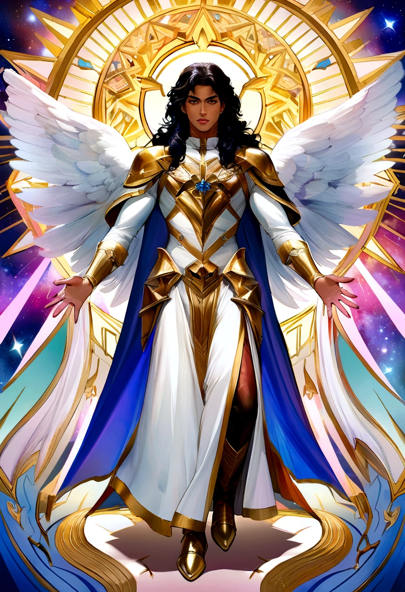 A male character, the archangel Michael, celestial image, intricate details, realisitic, PINK and big wings, angelic background, Imagem ilustrativa católica dthe archangel Michael, Male character of the Bible, Michael is wearing his angelic armor, cosmic background, Lighting on the Archangel and in the background, image of the angel's full body, Maximum detail and her angelic face and wings, pele perfeita realisitic, Maximum image quality, Miguel is highlighted in the image with strong and eye-catching colors.