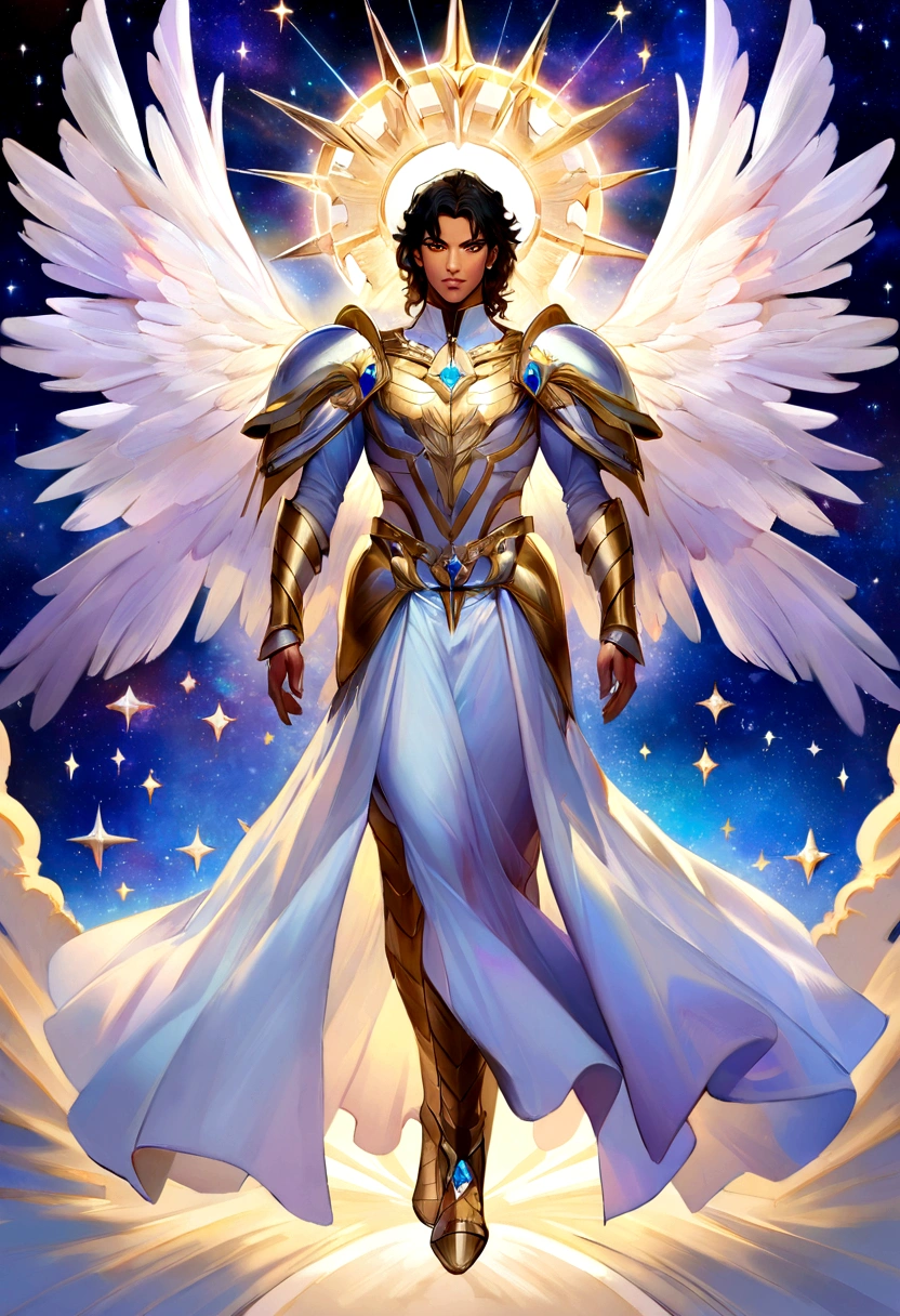 A male character, the archangel Michael, celestial image, intricate details, realisitic, PINK and big wings, angelic background, Imagem ilustrativa católica dthe archangel Michael, Male character of the Bible, Michael is wearing his angelic armor, cosmic background, Lighting on the Archangel and in the background, image of the angel's full body, Maximum detail and her angelic face and wings, pele perfeita realisitic, Maximum image quality, Miguel is highlighted in the image with strong and eye-catching colors.